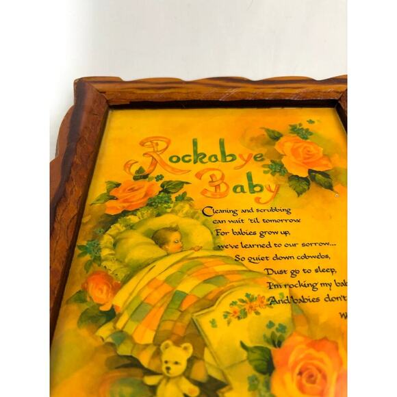 Vintage 1970's Rockabye Baby Wooden Plaque Frame Nursery Art Wall Decor 9"x11" - Picture 4 of 9